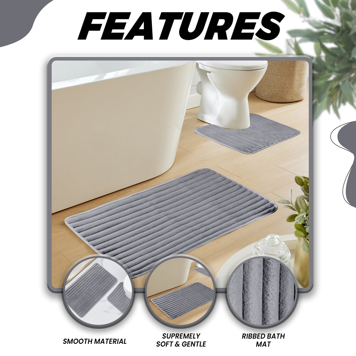 OLIVIA ROCCO 2-piece ribbed charcoal bath mat set with extra soft, non-slip, super absorbent fabric for bathroom comfort.