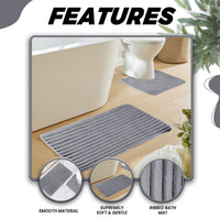OLIVIA ROCCO 2-piece ribbed charcoal bath mat set with extra soft, non-slip, super absorbent fabric for bathroom comfort.