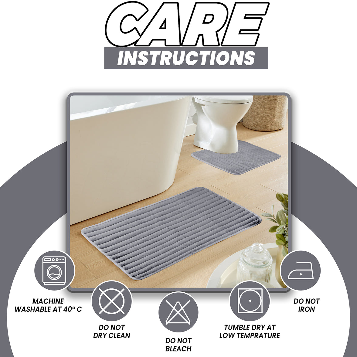 OLIVIA ROCCO charcoal ribbed bath mat set with two non-slip, super absorbent, extra soft bath mats on a bathroom floor.