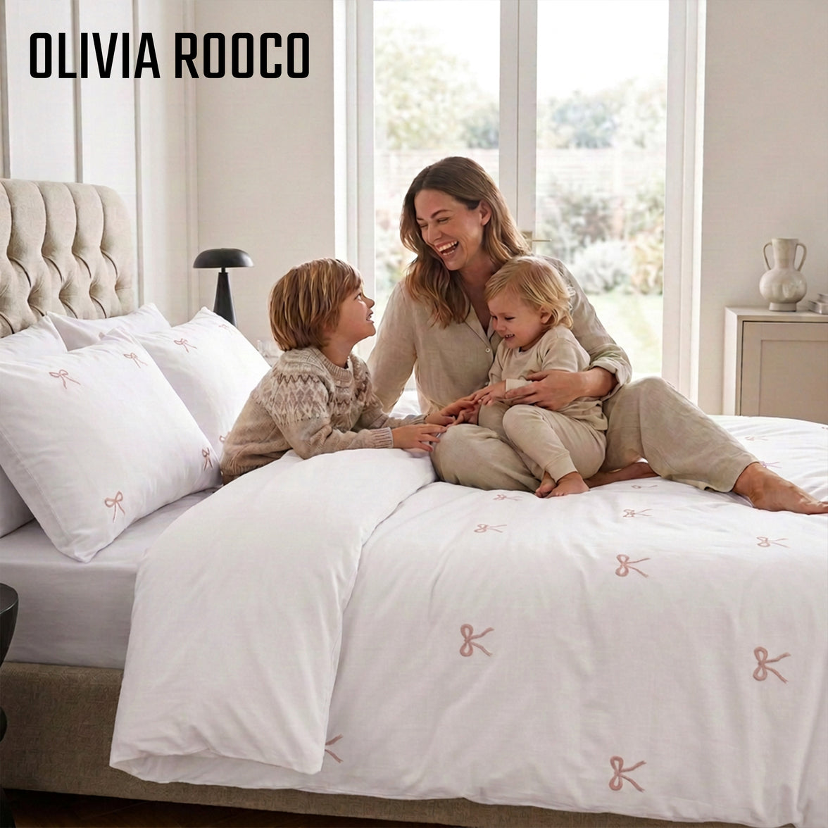 OLIVIA ROCCO Bows Embroidered Duvet Cover Set Cotton Rich With Pillowcases Easy Care
