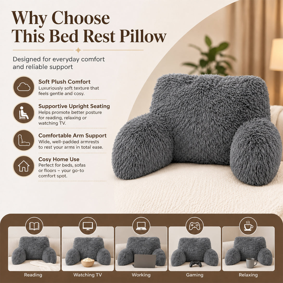 OLIVIA ROCCO Snuggle Bedrest Reading Pillow with Arms Back Support Cushion