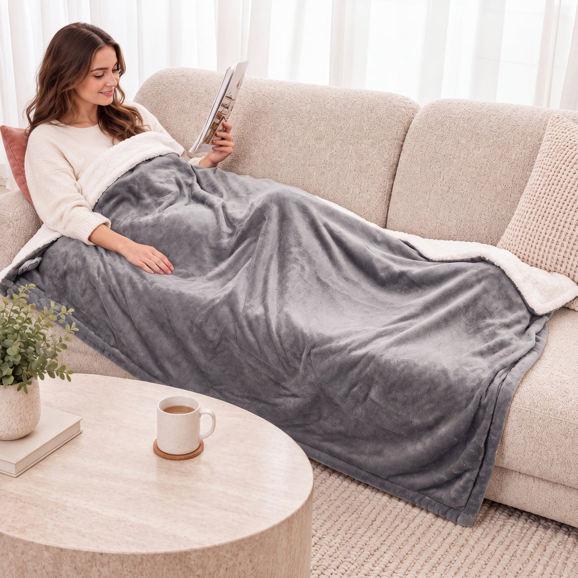 Woman relaxing on a sofa under the grey self heating blanket