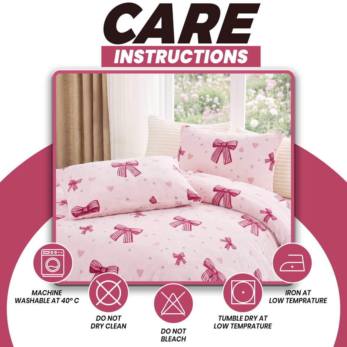 OLIVIA ROCCO Pink Bows Teddy Fleece Duvet Cover Set Soft Cosy Warm Bedding with Pillowcases Single Double King