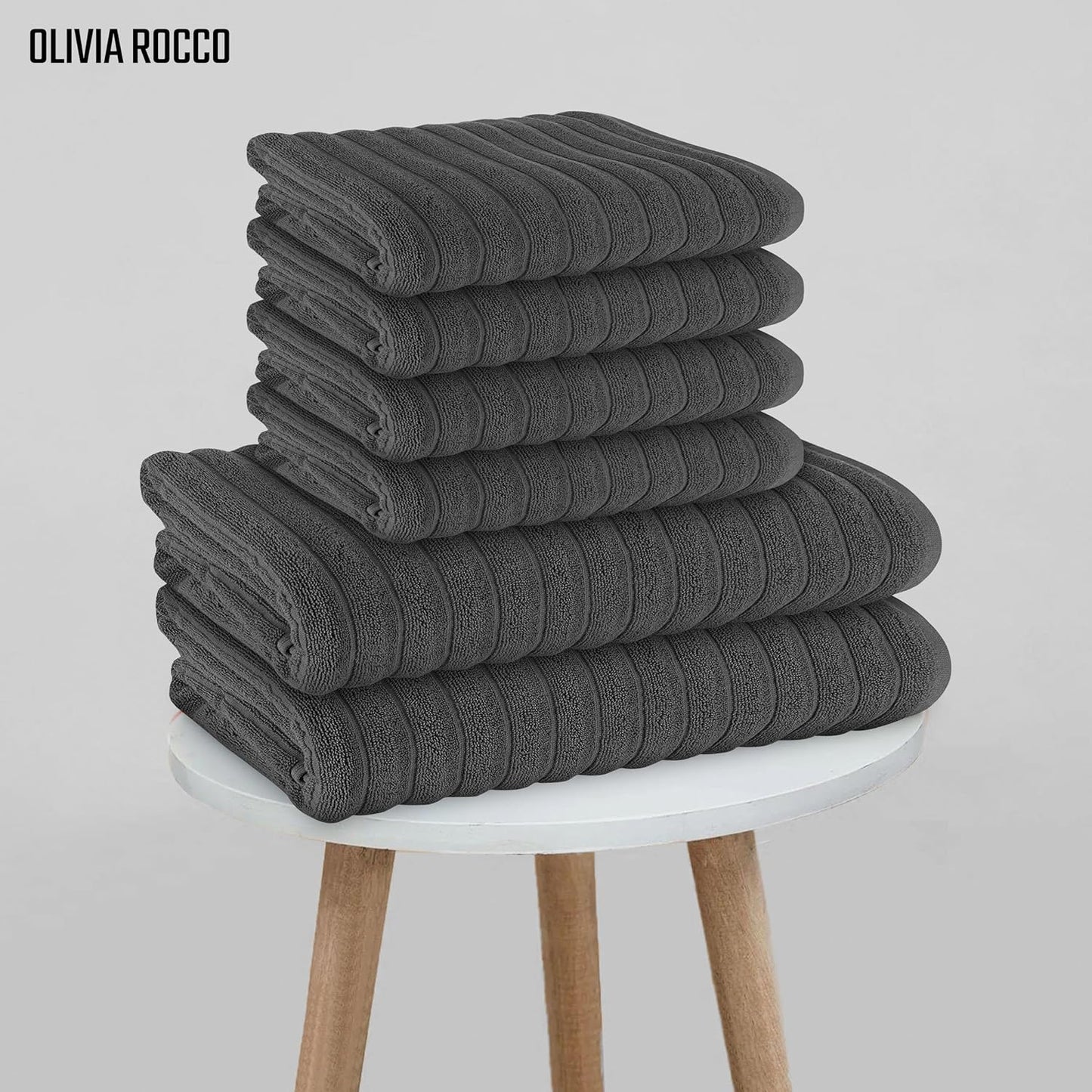 Luxurious Hydro Cotton Ribbed Towel Set by OLIVIA ROCCO Super Soft Lightweight Quick Dry Highly Absorbent Bath Sheets and Hand Towels Charcoal Bath Linens 2 Pack Jumbo Bath Sheets and 4 Hand Towels for Bathroom and Shower Durability and High Quality