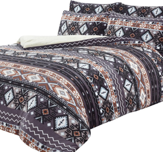 Aztec Print Teddy Fleece Duvet Set with Reversible Sherpa Fur Luxurious Winter Comfort in Single Double King Sizes by OLIVIA ROCCO SINGLE / GREY Duvet Cover