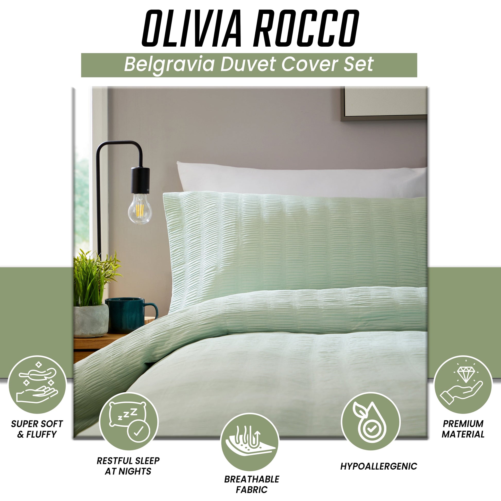 Belgravia Sage Green Cotton Rich Duvet Cover Set with Pillowcases Soft Easy Care Modern Quilt Bedding Bed Linen Set by OLIVIA ROCCO Duvet Cover