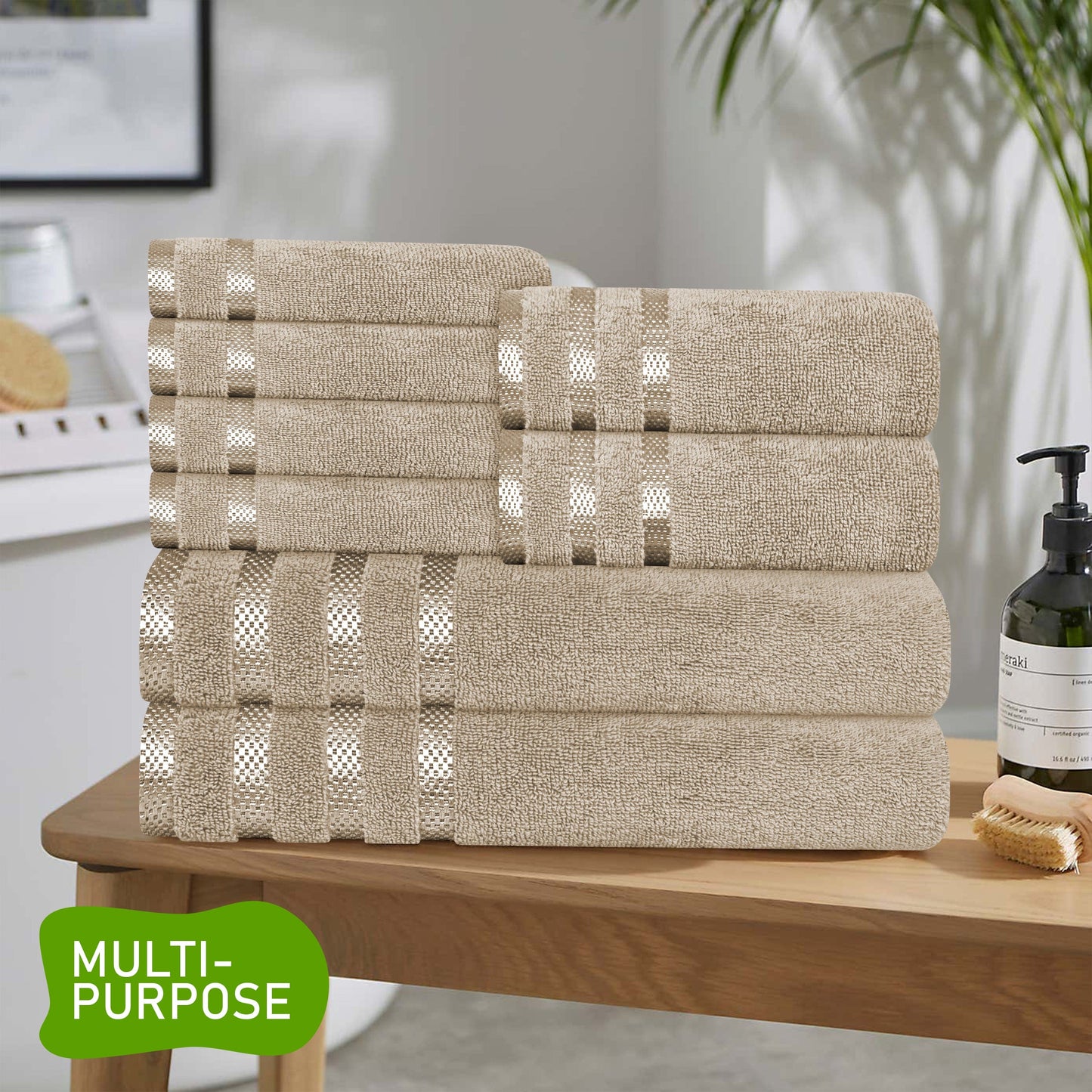 Belmont Viscose Stripe Beige Towels 100% Cotton Hotel Quality Super Absorbent 10 Piece Bale Set, 4 Hand Towel & 12 Face Cloths by OLIVIA ROCCO OLIVIA ROCCO Towels