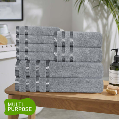 Belmont Viscose Stripe Silver Towels 100% Cotton Hotel Quality Super Absorbent 10 Piece Bale Set, 4 Hand Towel & 12 Face Cloths by OLIVIA ROCCO OLIVIA ROCCO Towels