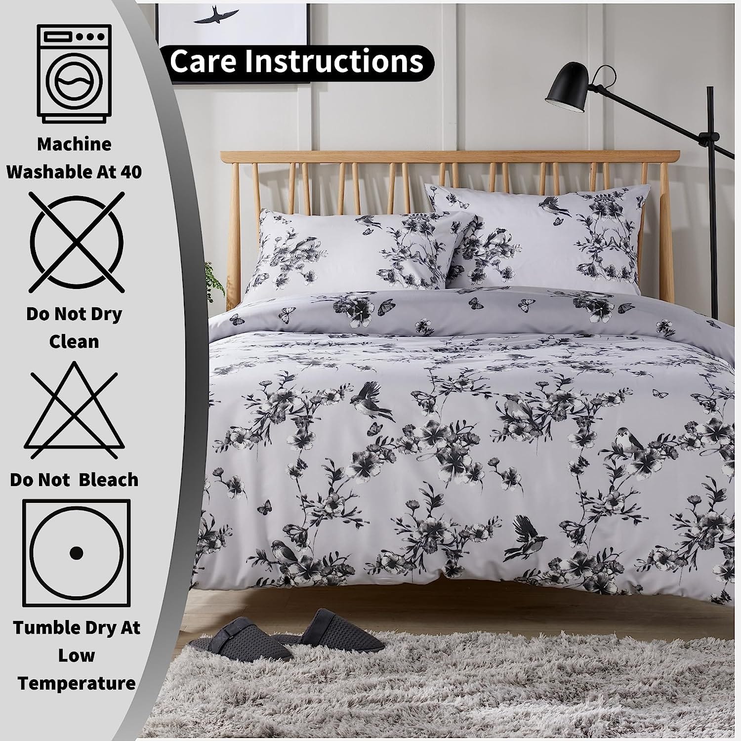 Blossom Grey Reversible Duvet Cover Set Elegant & Comfortable Polyester Blend with Button Closure Available in Single Double King Sizes by OLIVIA ROCCO Duvet Cover