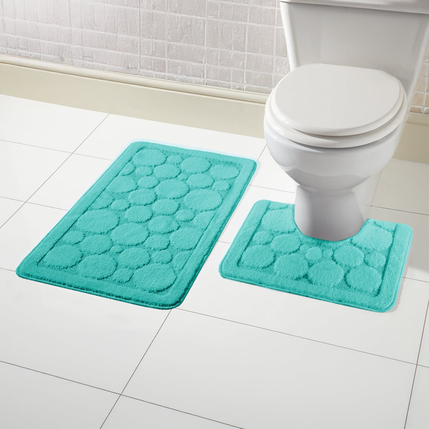 Cali Bubbles 2 Piece Bath Mat & Pedestal Set Duck Egg Non-Slip Soft & Absorbent Bathroom Mats for Comfort & Safety by Olivia Rocco Bath Mat 50 x 80 cm Pedestal Mat 50 x 50 cm / Duck egg OLIVIA ROCCO Bath Mat