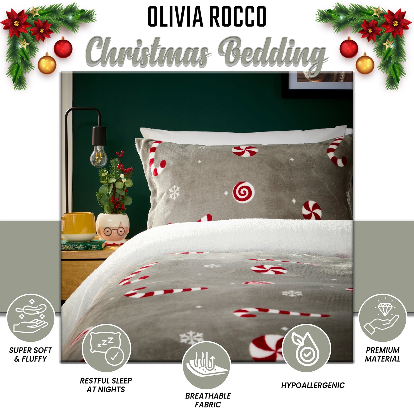Candy Cane Teddy Fleece Duvet Cover Set Quilt Cover Cosy Bedding with Pillowcases Super Soft Easy Care Bed Linen Sets by Olivia Rocco Duvet Cover
