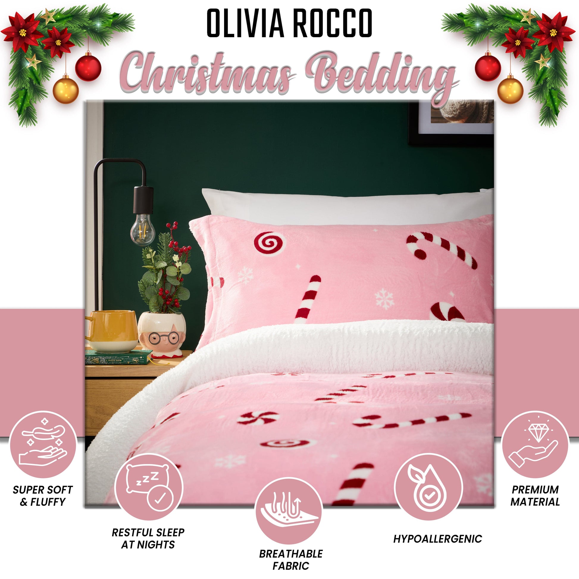 Candy Cane Teddy Fleece Duvet Cover Set Quilt Cover Cosy Bedding with Pillowcases Super Soft Easy Care Bed Linen Sets by Olivia Rocco Duvet Cover