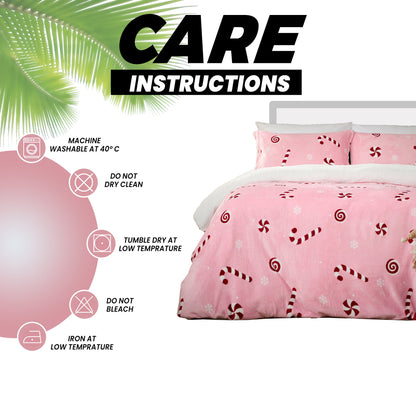 Candy Cane Teddy Fleece Duvet Cover Set Quilt Cover Cosy Bedding with Pillowcases Super Soft Easy Care Bed Linen Sets by Olivia Rocco Duvet Cover
