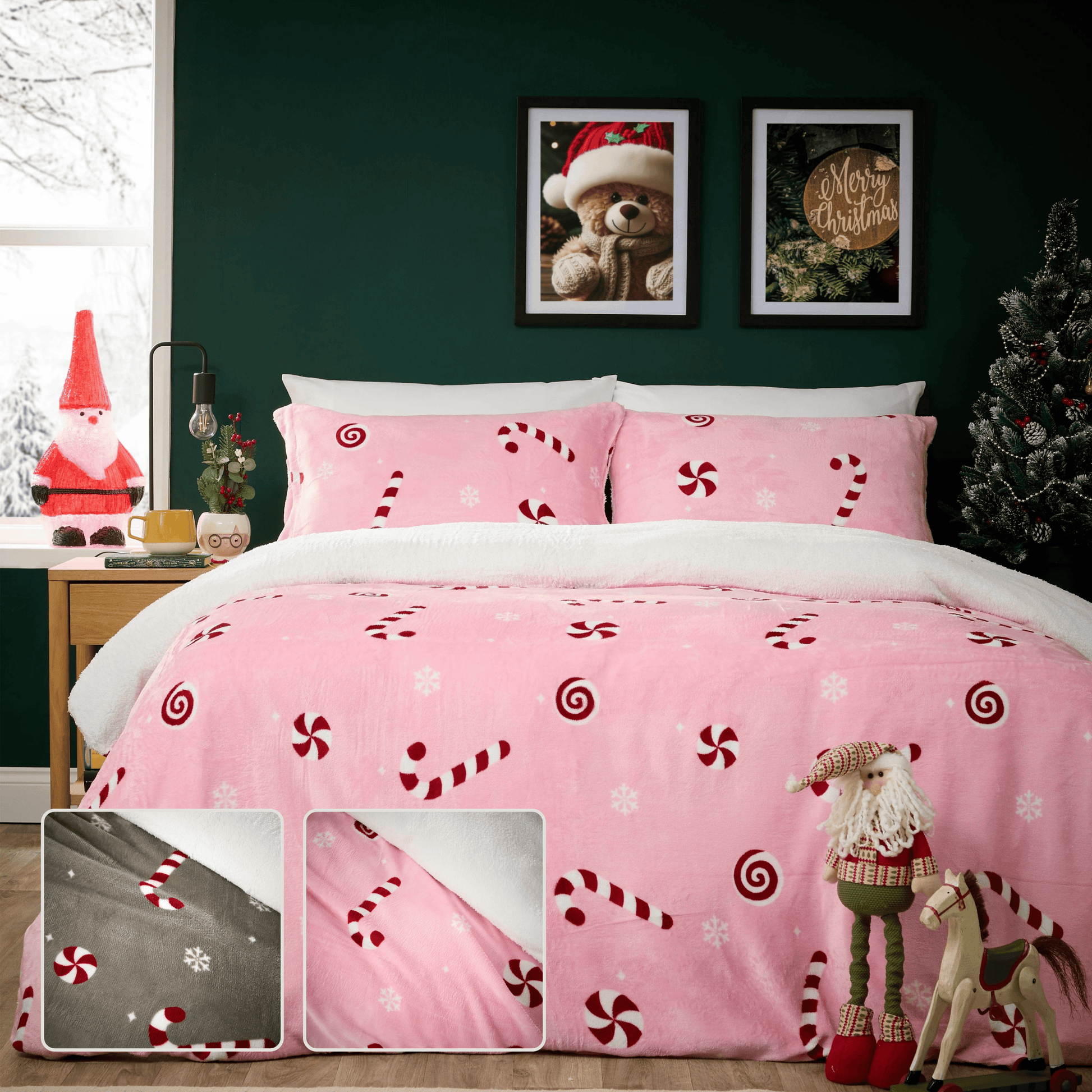 Candy Cane Teddy Fleece Duvet Cover Set Quilt Cover Cosy Bedding With Pillowcases Super Soft Easy Care Bed Linen Sets by OLIVIA ROCCO Duvet Cover
