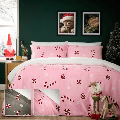 Candy Cane Teddy Fleece Duvet Cover Set Quilt Cover Cosy Bedding With Pillowcases Super Soft Easy Care Bed Linen Sets by OLIVIA ROCCO Duvet Cover