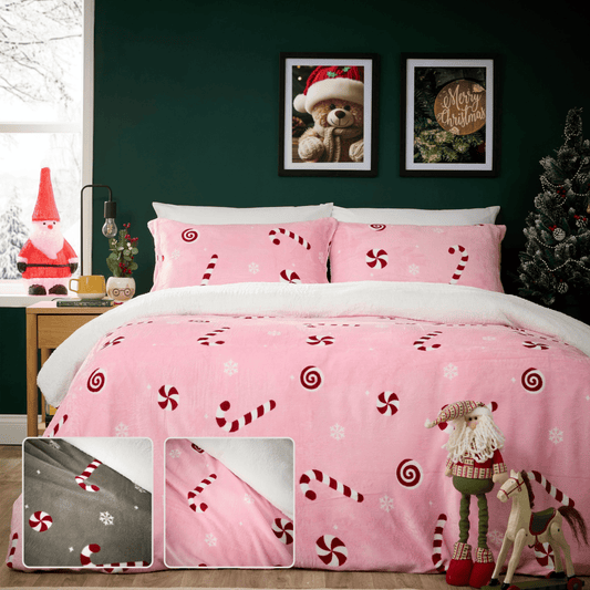 Candy Cane Teddy Fleece Duvet Cover Set Quilt Cover Cosy Bedding With Pillowcases Super Soft Easy Care Bed Linen Sets by OLIVIA ROCCO Duvet Cover