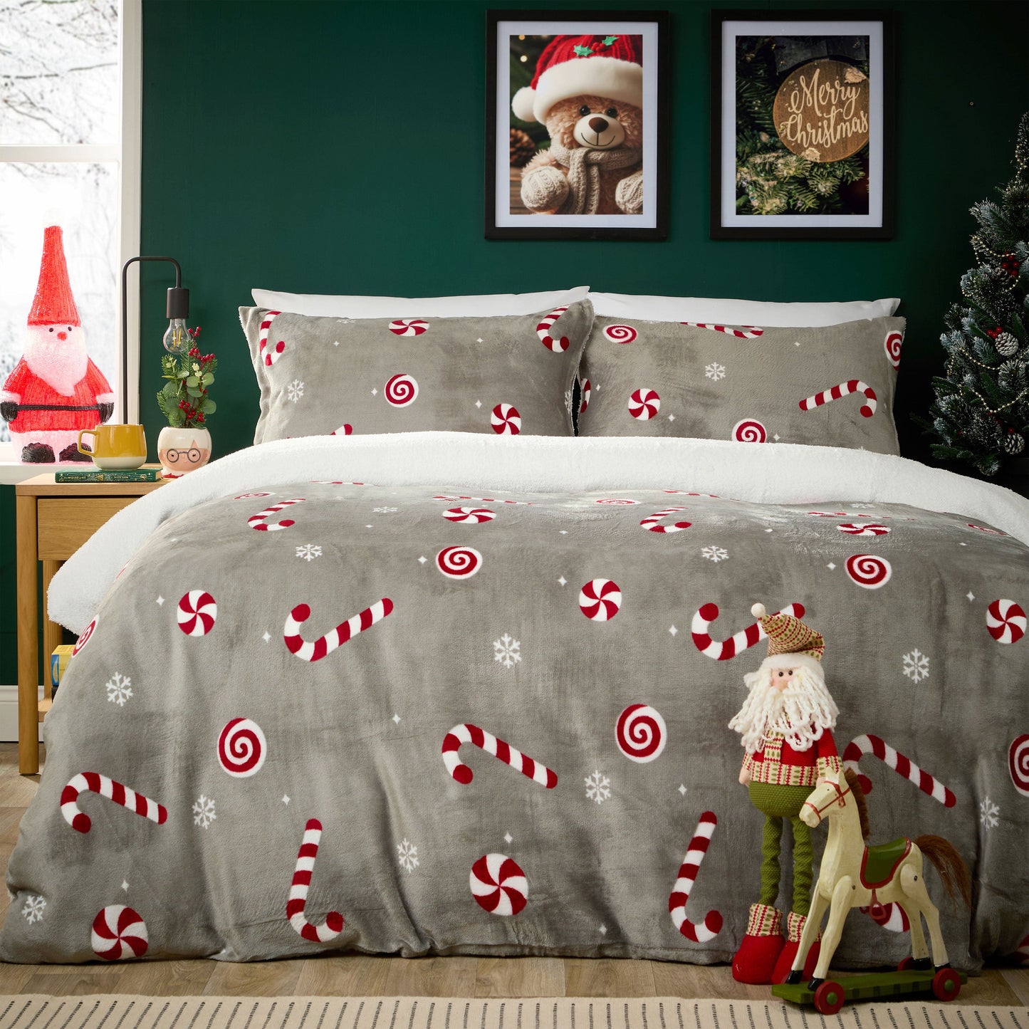 Candy Cane Teddy Fleece Duvet Cover Set Quilt Cover Cosy Bedding with Pillowcases Super Soft Easy Care Bed Linen Sets by Olivia Rocco Grey / Single Duvet Cover