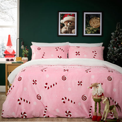 Candy Cane Teddy Fleece Duvet Cover Set Quilt Cover Cosy Bedding with Pillowcases Super Soft Easy Care Bed Linen Sets by Olivia Rocco Pink / Single Duvet Cover
