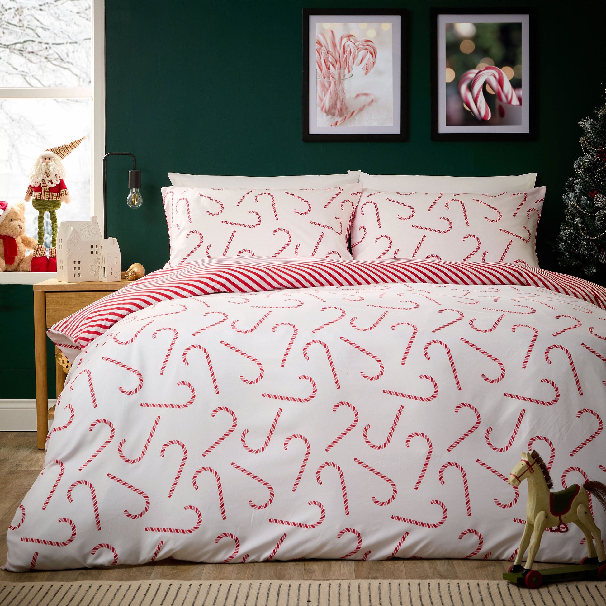 Christmas Duvet Cover Set Festive Bedding Quilt Cover Xmas with Pillowcases Reversible Design Easy Care Bed Linen Sets by Olivia Rocco Candy Cane Red / SINGLE Duvet Cover