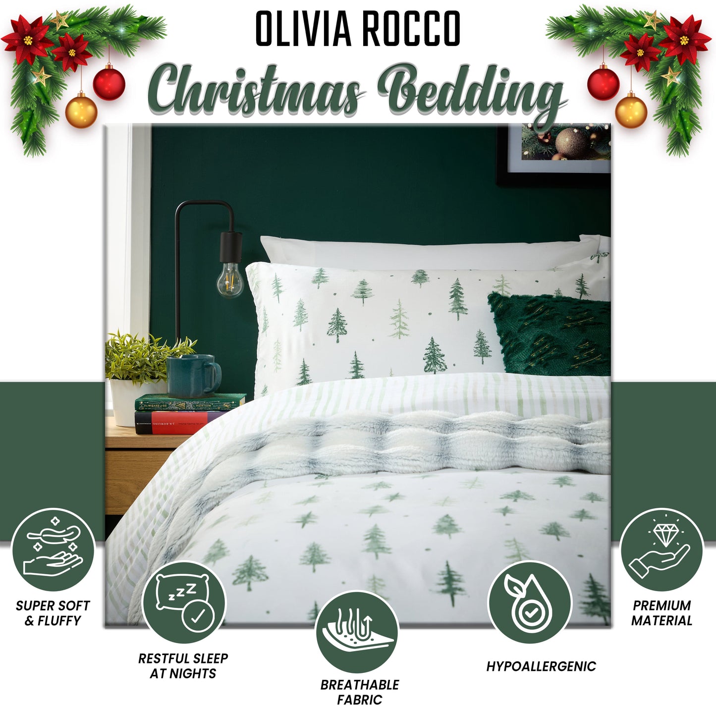 Christmas Duvet Cover Set Festive Bedding Quilt Cover Xmas with Pillowcases Reversible Design Easy Care Bed Linen Sets by Olivia Rocco Duvet Cover
