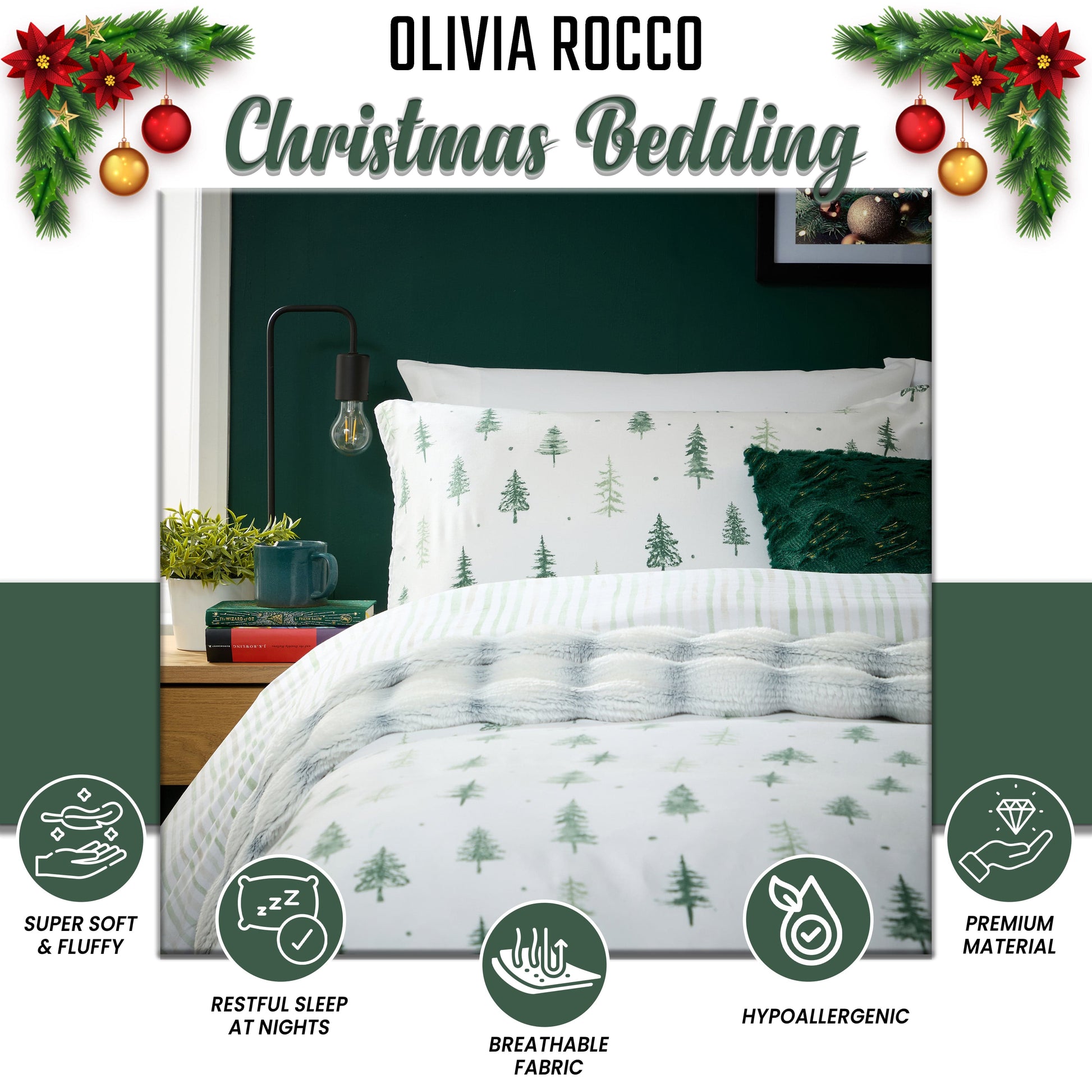 Christmas Duvet Cover Set Festive Bedding Quilt Cover Xmas with Pillowcases Reversible Design Easy Care Bed Linen Sets by Olivia Rocco Duvet Cover