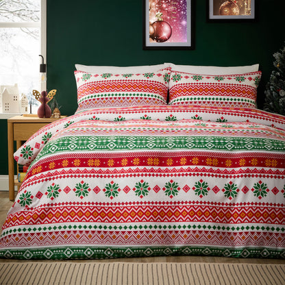 Christmas Duvet Cover Set Festive Bedding Quilt Cover Xmas with Pillowcases Reversible Design Easy Care Bed Linen Sets by Olivia Rocco Fair Isle Multi / SINGLE Duvet Cover