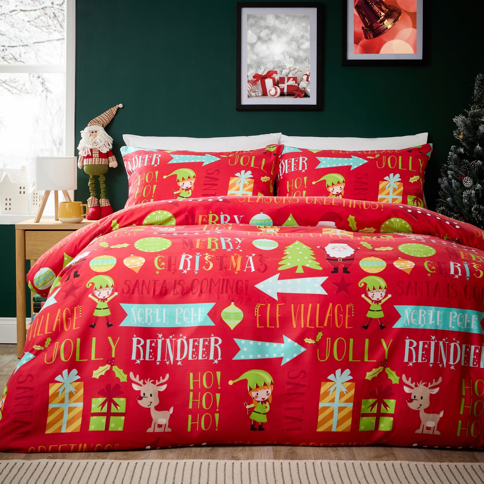 Christmas Duvet Cover Set Festive Bedding Quilt Cover Xmas with Pillowcases Reversible Design Easy Care Bed Linen Sets by Olivia Rocco Festive Fun / SINGLE Duvet Cover
