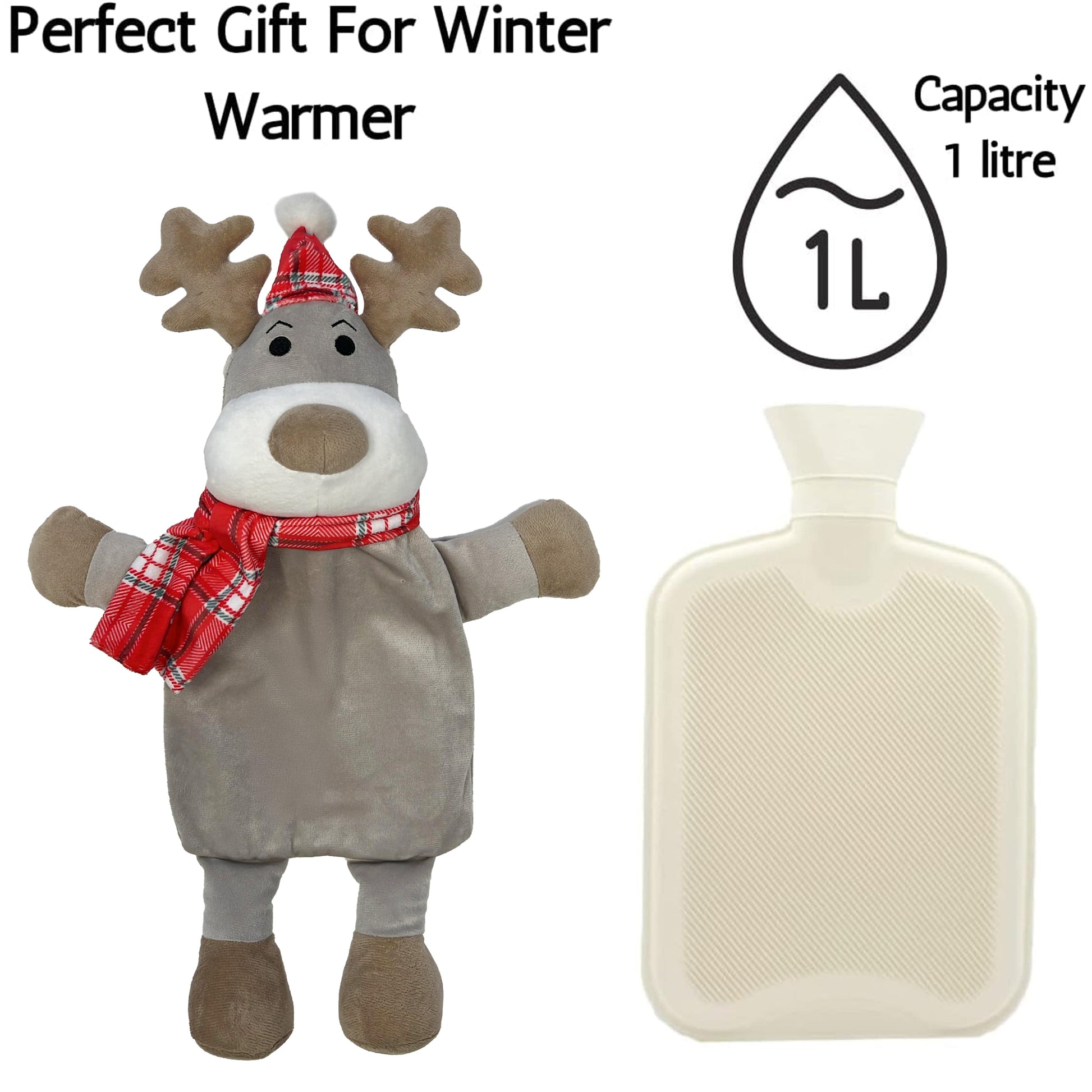 Christmas Hot Water Bottle with Festive Reindeer Cover 1L Natural Rubber UK Safe Tested Ideal Gift for Adults Kids by OLIVIA ROCCO 1 LITRE / REINDEER Hot Water Bottle
