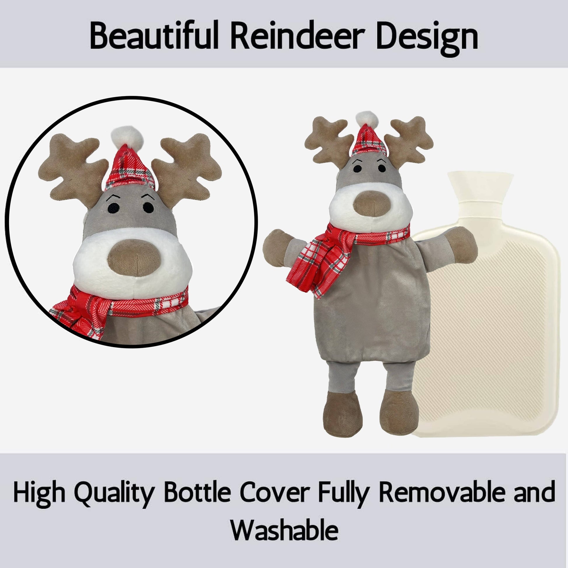Christmas Hot Water Bottle with Festive Reindeer Cover 1L Natural Rubber UK Safe Tested Ideal Gift for Adults Kids by OLIVIA ROCCO 1 LITRE / REINDEER Hot Water Bottle