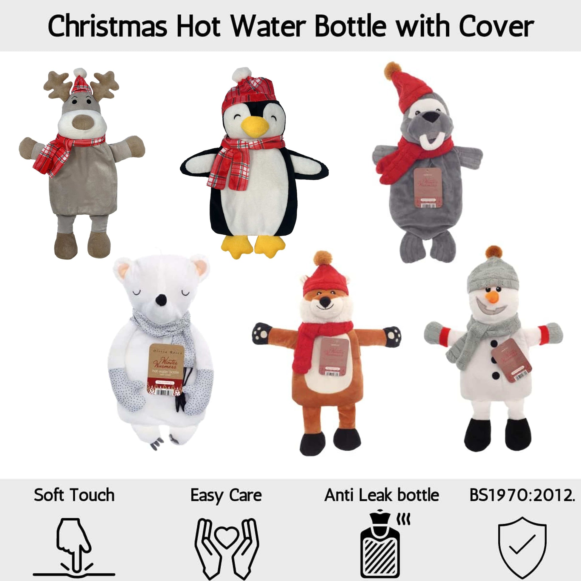 Christmas Hot Water Bottle with Festive Reindeer Cover 1L Natural Rubber UK Safe Tested Ideal Gift for Adults Kids by OLIVIA ROCCO 1 LITRE / REINDEER Hot Water Bottle
