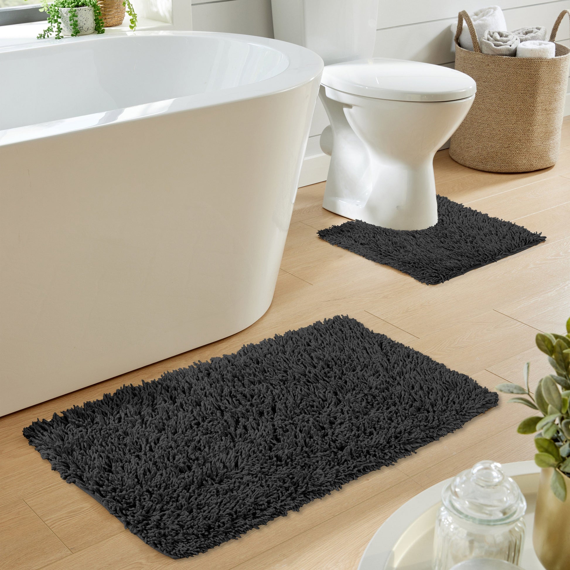 Como 2 Piece Black Bath Mat & Pedestal Set Non-Slip Super Absorbent Cotton Bathroom Mats by OLIVIA ROCCO BLACK OLIVIA ROCCO Bath Mat