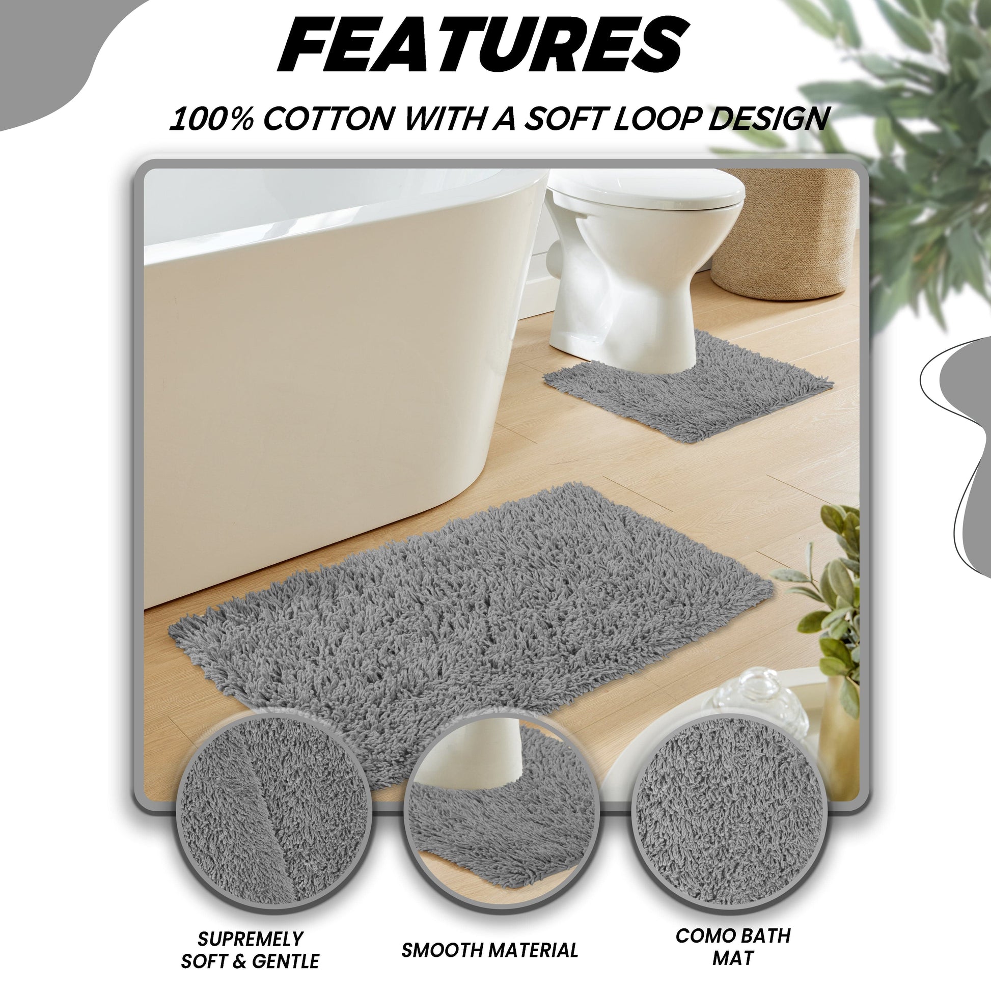 Como 2 Piece Grey Bath Mat & Pedestal Set Non-Slip Super Absorbent Cotton Bathroom Mats by OLIVIA ROCCO GREY OLIVIA ROCCO Bath Mat