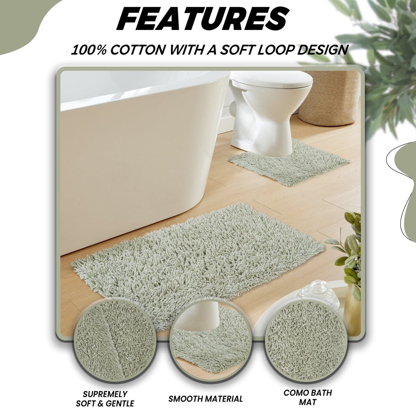 Como 2 Piece Sage Green Bath Mat & Pedestal Set Non-Slip Super Absorbent Cotton Bathroom Mats by OLIVIA ROCCO SAGE GREEN Bath Mat