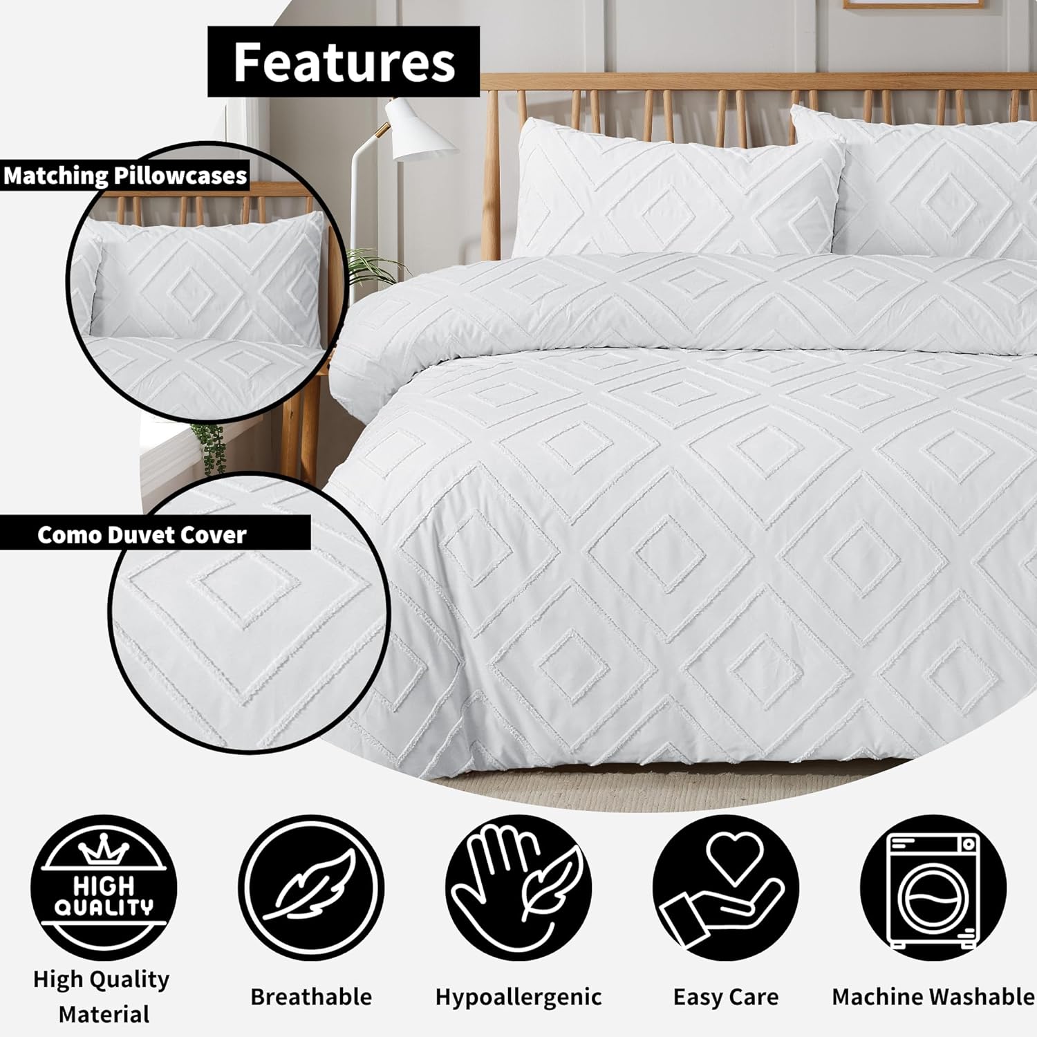 Como Tufted Duvet Cover Set with Pillowcases Grey Natural White Elegant Easy-Care Bedding Single Double King Sizes by OLIVIA ROCCO Duvet Cover