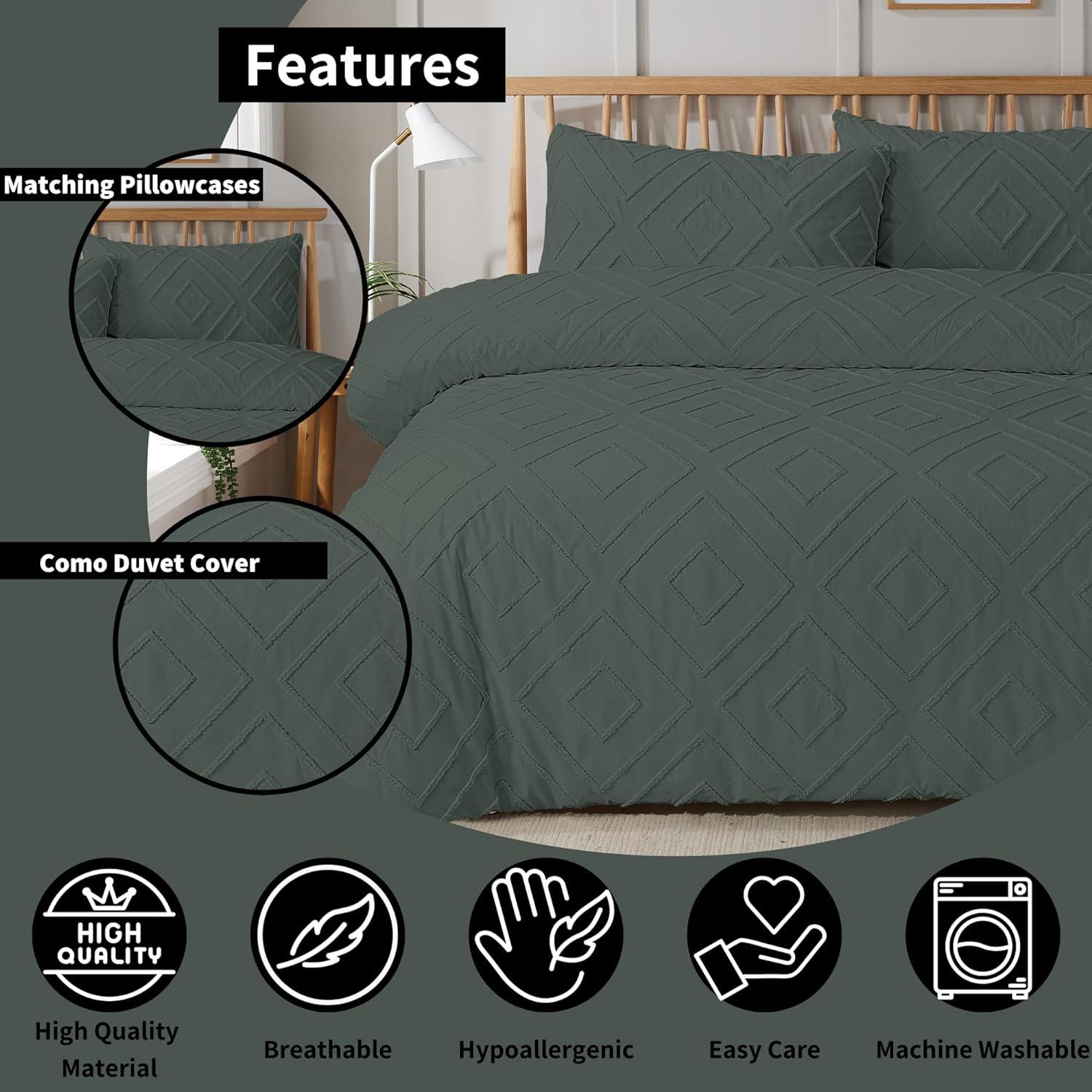 Como Tufted Duvet Cover Set with Pillowcases Grey Natural White Elegant Easy-Care Bedding Single Double King Sizes by OLIVIA ROCCO Duvet Cover