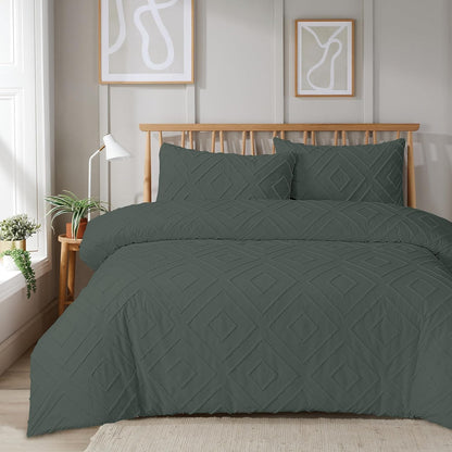 Como Tufted Duvet Cover Set with Pillowcases Grey Natural White Elegant Easy-Care Bedding Single Double King Sizes by OLIVIA ROCCO SINGLE / GREY Duvet Cover