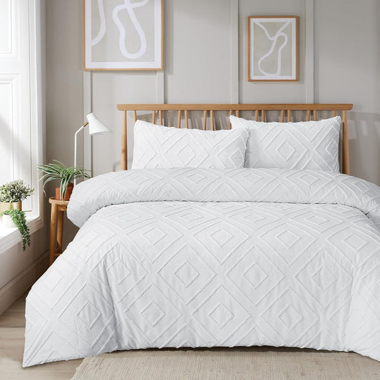 Como Tufted Duvet Cover Set with Pillowcases Grey Natural White Elegant Easy-Care Bedding Single Double King Sizes by OLIVIA ROCCO SINGLE / WHITE Duvet Cover