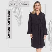 Women's Hooded Waffle Cotton Bathrobe Black Super Absorbent Spa Dressing Gown for Home Lounge & Travel by Daisy Dreamer Bathrobe