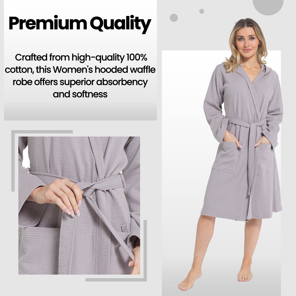 Women's Hooded Waffle Cotton Bathrobe Grey Super Absorbent Spa Dressing Gown for Home Lounge & Travel by Daisy Dreamer Bathrobe