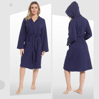 Women's Hooded Waffle Cotton Bathrobe Navy Super Absorbent Spa Dressing Gown for Home Lounge & Travel by Daisy Dreamer Bathrobe