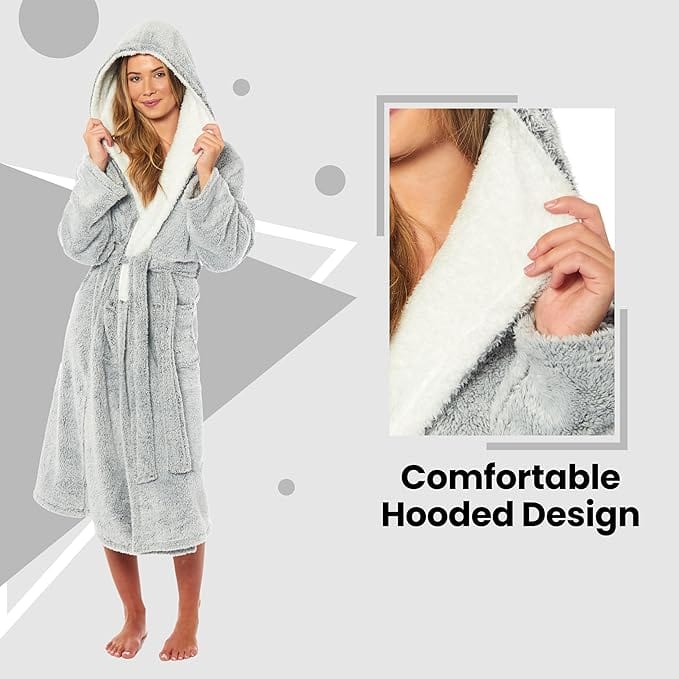 Women's Soft Plush Shimmer Fleece Hooded Bath Robe Luxurious Dressing Gown for Lounging and Sleeping in Shimmer Grey Multiple Sizes by Daisy Dreamer Dressing Gown