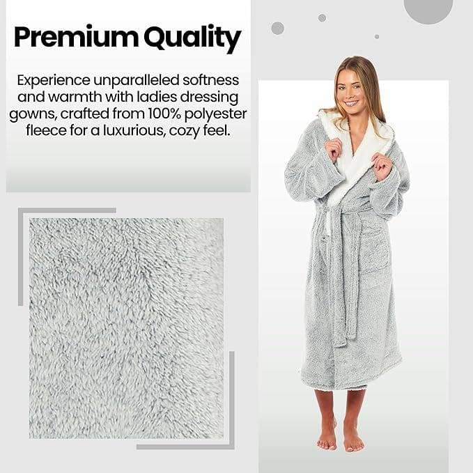 Women's Soft Plush Shimmer Fleece Hooded Bath Robe Luxurious Dressing Gown for Lounging and Sleeping in Shimmer Grey Multiple Sizes by Daisy Dreamer Dressing Gown
