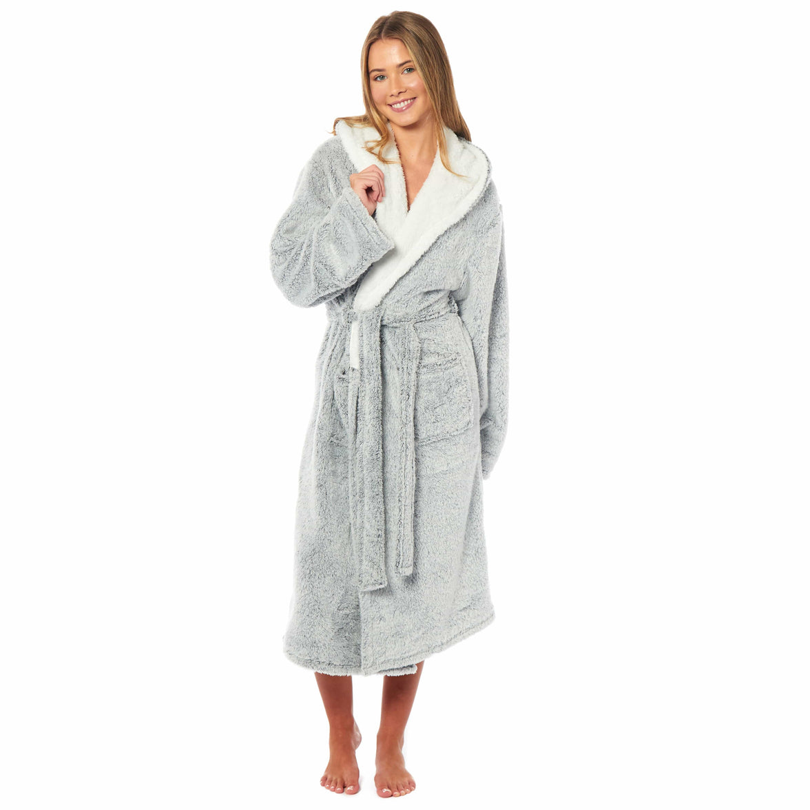 Women's Soft Plush Shimmer Fleece Hooded Bath Robe Luxurious Dressing Gown for Lounging and Sleeping in Shimmer Grey Multiple Sizes by Daisy Dreamer SMALL Dressing Gown