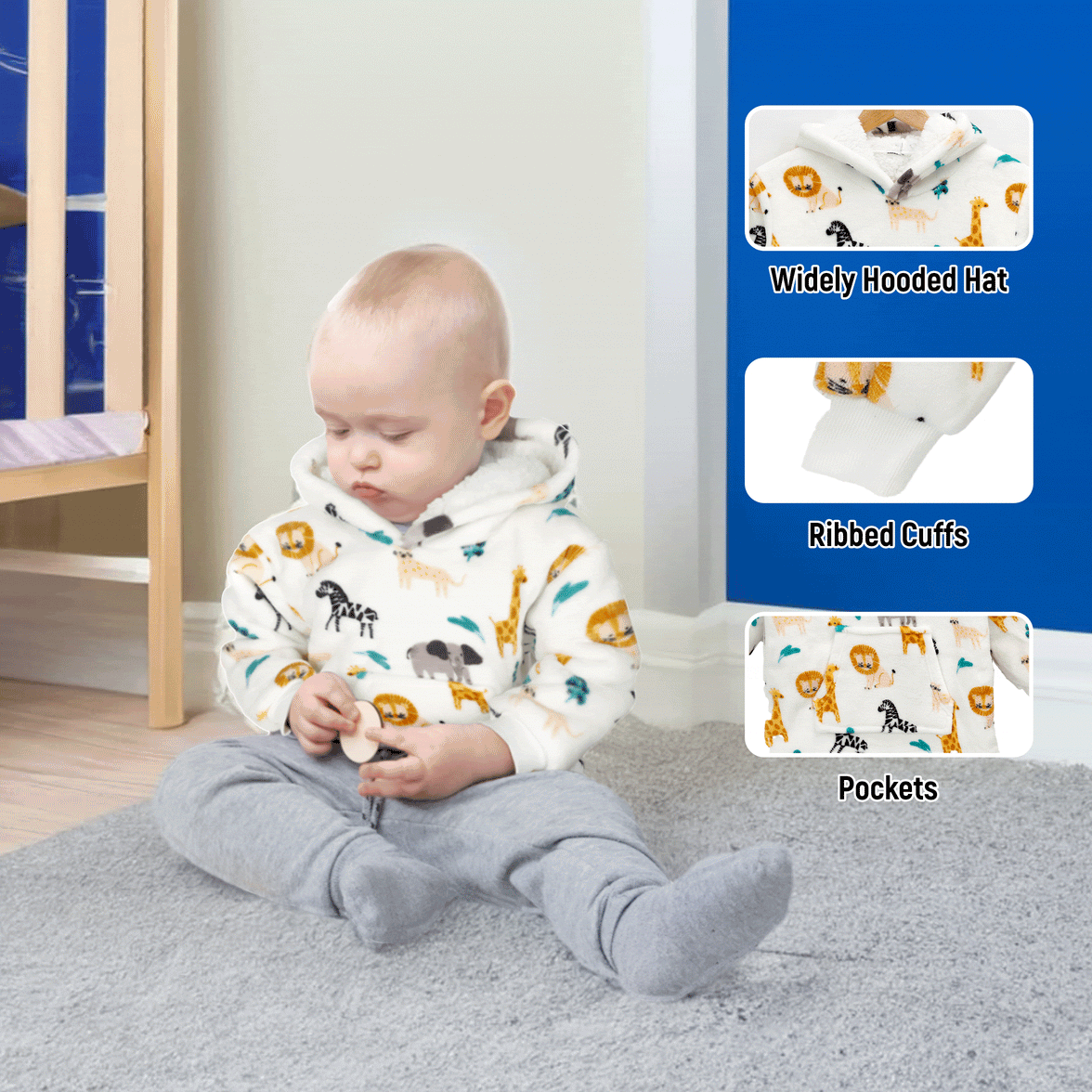 Safari & Sloth Infant Hooded Blanket with Pocket for Toddlers Ages 0-2 Warm Unisex Loungewear by Daisy Dreamer Hooded Blanket