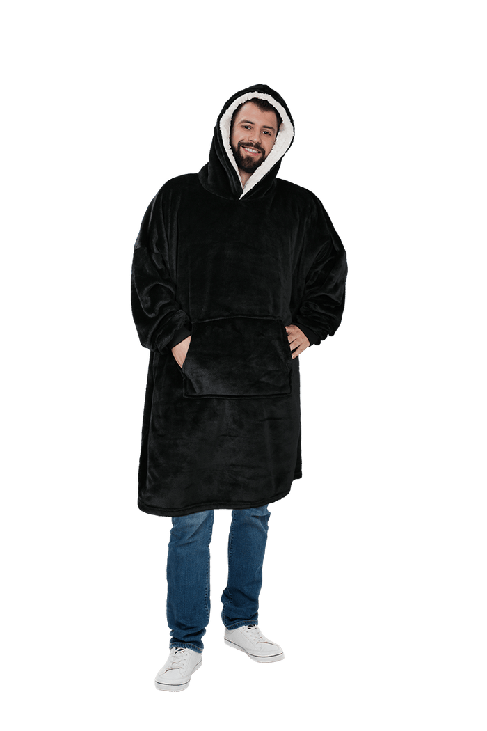 Men's Oversized Hooded Blanket Giant Sherpa Lined Hoodie with Hood and Pocket for Ultimate Warmth and Comfort Grey Stars by Daisy Dreamer BLACK Hooded Blanket