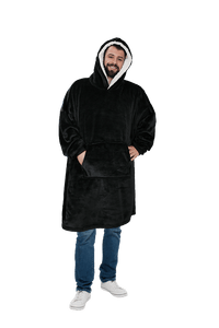 Men's Oversized Hooded Blanket Giant Sherpa Lined Hoodie with Hood and Pocket for Ultimate Warmth and Comfort Grey Stars by Daisy Dreamer BLACK Hooded Blanket