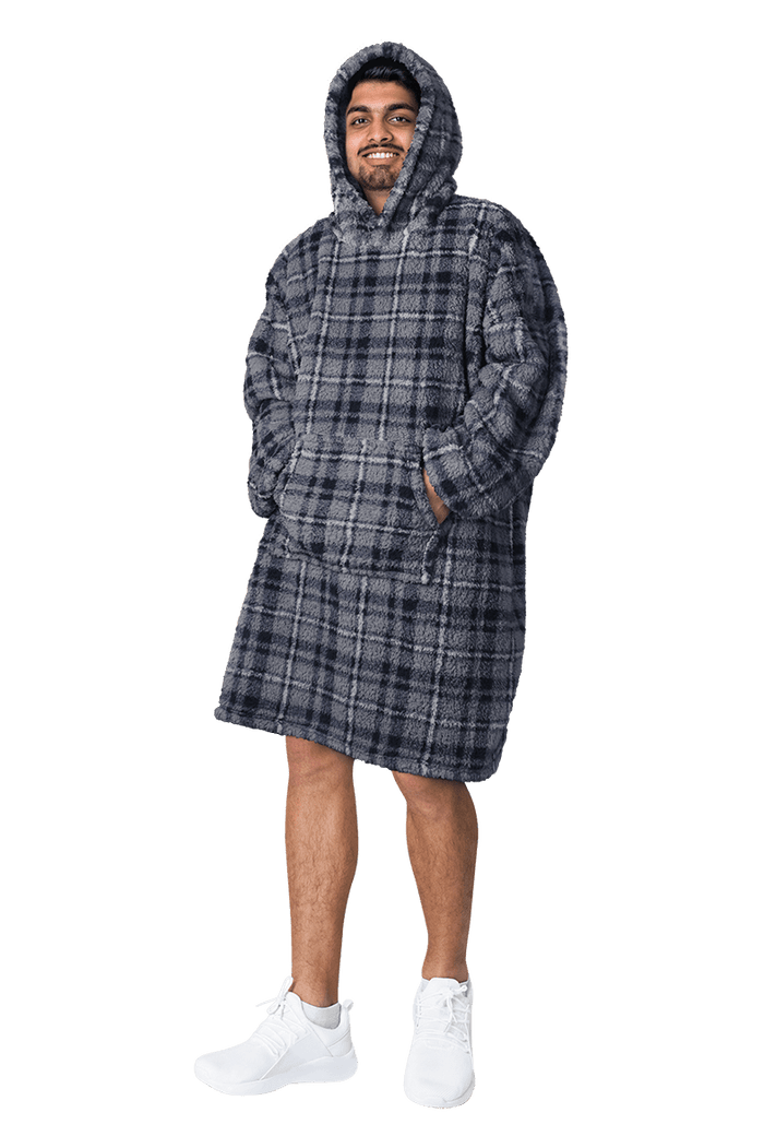 Men's Oversized Hooded Blanket Giant Sherpa Lined Hoodie with Hood and Pocket for Ultimate Warmth and Comfort Grey Stars by Daisy Dreamer BLUE CHECK Hooded Blanket