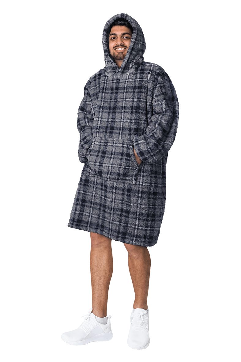 Men's Oversized Hooded Blanket Giant Sherpa Lined Hoodie with Hood and Pocket for Ultimate Warmth and Comfort Grey Stars by Daisy Dreamer BLUE CHECK Hooded Blanket