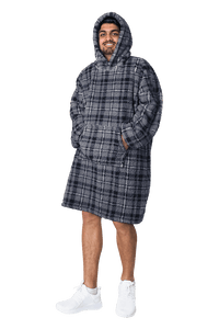 Men's Oversized Hooded Blanket Giant Sherpa Lined Hoodie with Hood and Pocket for Ultimate Warmth and Comfort Grey Stars by Daisy Dreamer BLUE CHECK Hooded Blanket