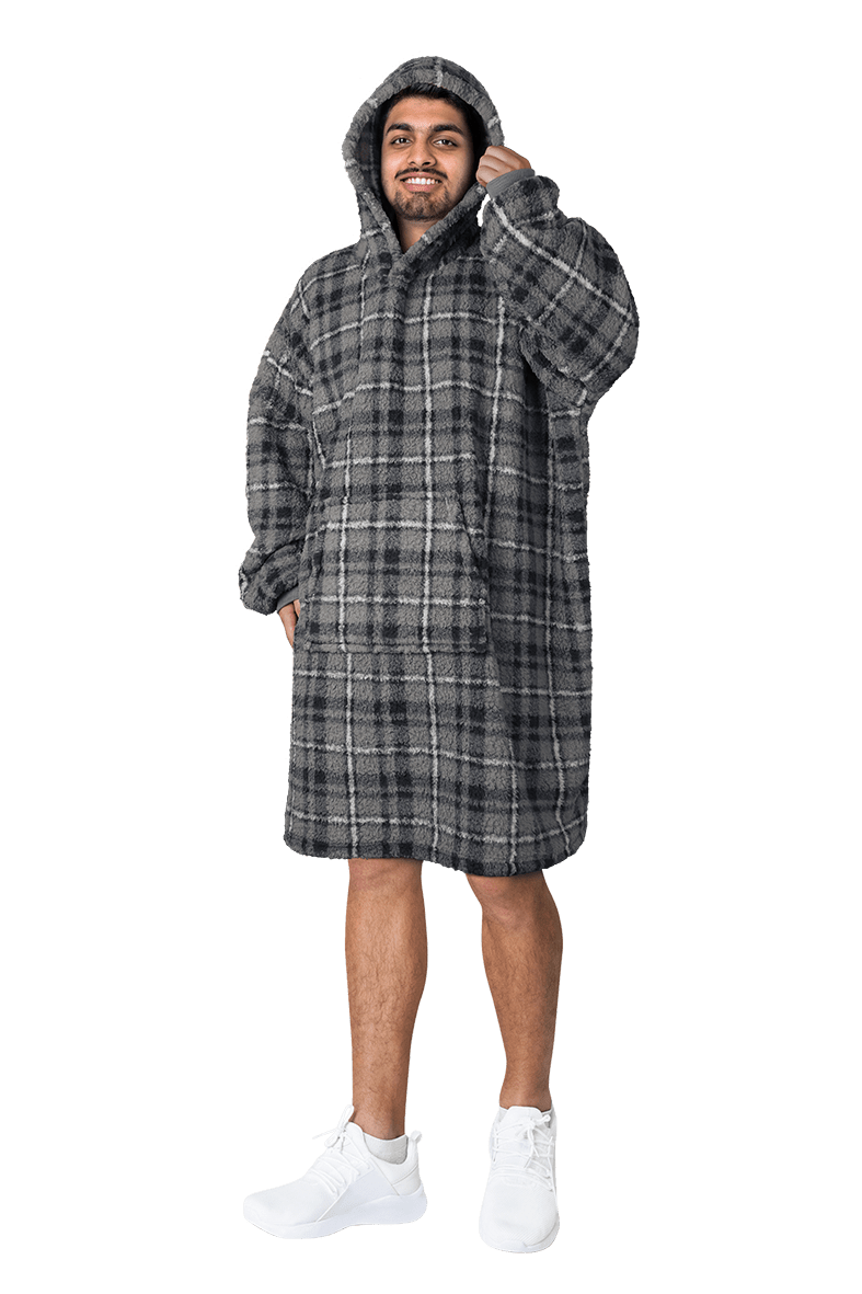 Men's Oversized Hooded Blanket Giant Sherpa Lined Hoodie with Hood and Pocket for Ultimate Warmth and Comfort Grey Stars by Daisy Dreamer GREY CHECK Hooded Blanket